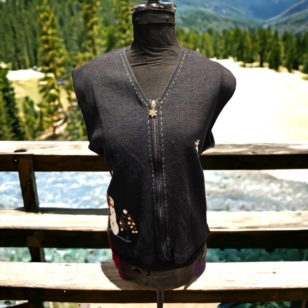 Vintage Woolrich Winter Snowman Applique zip front Vest Black Vest sz XL - Picture 3 of 12